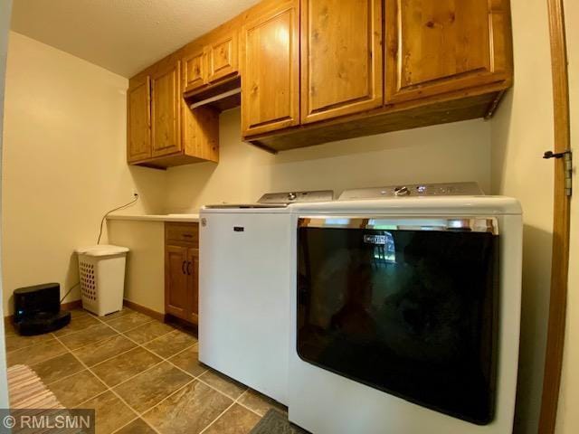 23110 Grandview Loop, Long Prairie Twp, MN 56347 - washroom with washer and clothes dryer, cabinet space, and dark tile patterned floors