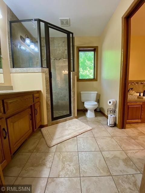 23110 Grandview Loop, Long Prairie Twp, MN 56347 - full bathroom with vanity, toilet, a stall shower, and tile patterned floors
