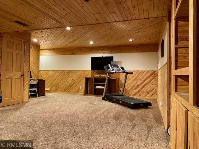 23110 Grandview Loop, Long Prairie Twp, MN 56347 - workout area with wood walls, carpet floors, wainscoting, wooden ceiling, and recessed lighting