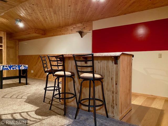 23110 Grandview Loop, Long Prairie Twp, MN 56347 - indoor dry bar with wooden walls, wooden ceiling, baseboards, and a wainscoted wall