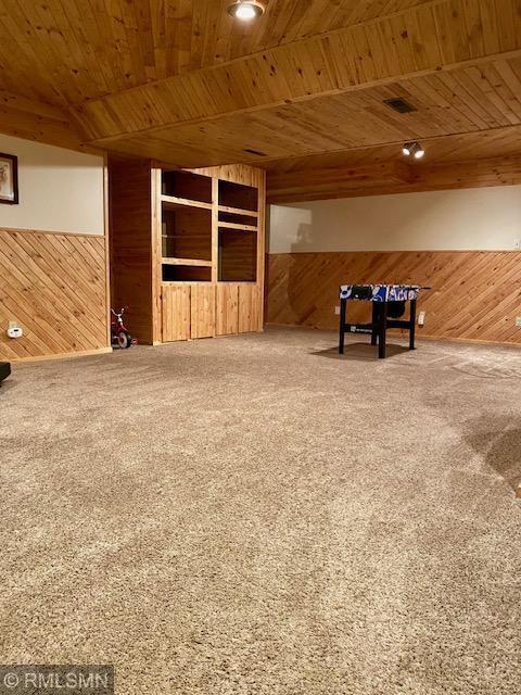 23110 Grandview Loop, Long Prairie Twp, MN 56347 - interior space featuring wooden walls, wood ceiling, and carpet floors