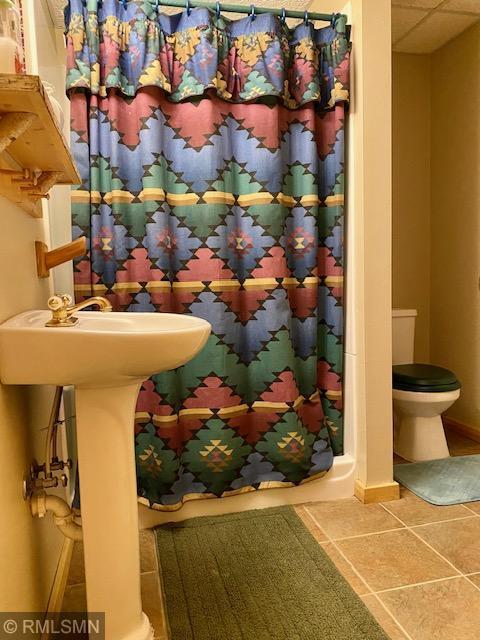 23110 Grandview Loop, Long Prairie Twp, MN 56347 - bathroom with toilet, a shower with curtain, baseboards, and tile patterned flooring