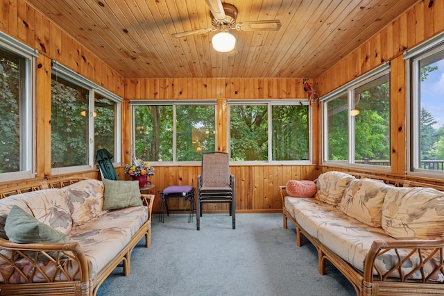656 Mina Ct, Mahtomedi, MN 55082 - sunroom / solarium with outdoor lounge area, a ceiling fan, carpet, wood walls, and wood ceiling