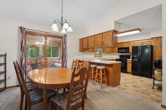 656 Mina Ct, Mahtomedi, MN 55082 - dining room featuring a chandelier, light carpet, and vaulted ceiling