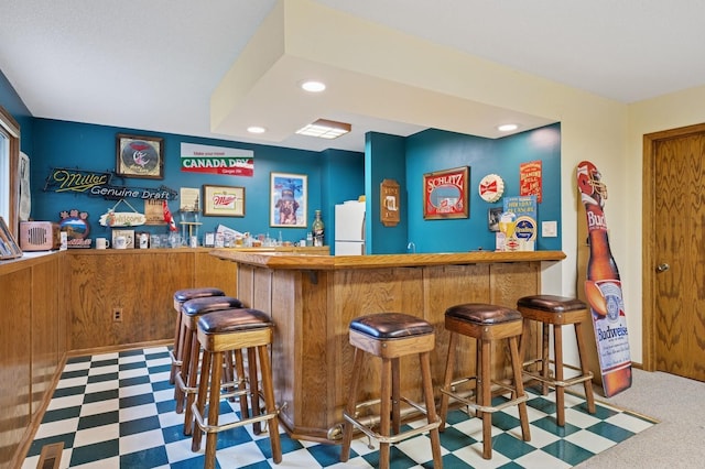 656 Mina Ct, Mahtomedi, MN 55082 - indoor bar featuring freestanding refrigerator, recessed lighting, and tile patterned floors