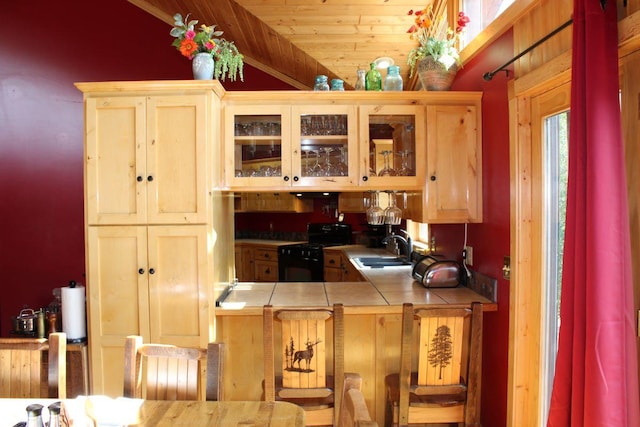 1729 Quail Ln NE, Longville, MN 56655 - kitchen with black gas stove, tile counters, a sink, glass insert cabinets, and vaulted ceiling