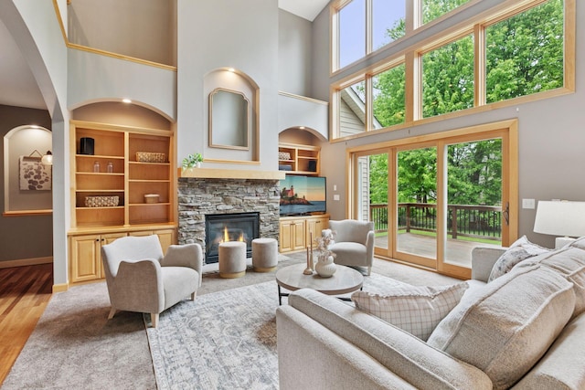 9885 Troy Ln N, Maple Grove, MN 55311 - living room featuring a high ceiling, wood finished floors, a stone fireplace, baseboards, and arched walkways