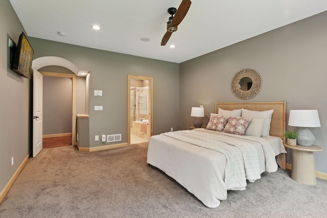 9885 Troy Ln N, Maple Grove, MN 55311 - bedroom featuring carpet flooring, baseboards, recessed lighting, ensuite bath, and a ceiling fan