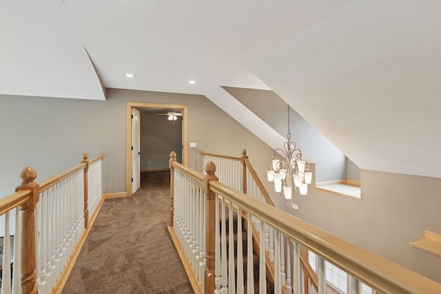 9885 Troy Ln N, Maple Grove, MN 55311 - hall featuring carpet flooring, an upstairs landing, a chandelier, recessed lighting, and lofted ceiling