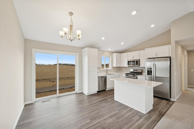 451 Mallard St NE, Hanover, MN 55341 - kitchen with appliances with stainless steel finishes, vaulted ceiling, a sink, a chandelier, and wood finished floors