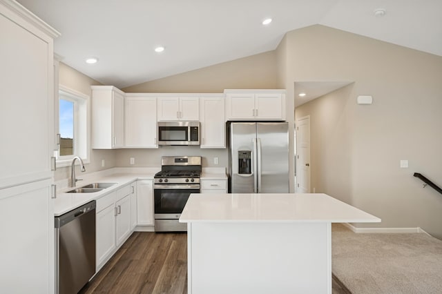 451 Mallard St NE, Hanover, MN 55341 - kitchen featuring appliances with stainless steel finishes, a sink, vaulted ceiling, a kitchen island, and white cabinetry