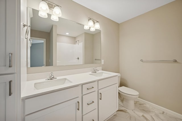 451 Mallard St NE, Hanover, MN 55341 - full bathroom featuring double vanity, marble look tile flooring, toilet, a shower, and baseboards