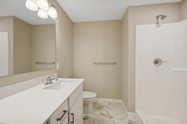 451 Mallard St NE, Hanover, MN 55341 - bathroom featuring marble finish floors, vanity, a shower, toilet, and baseboards
