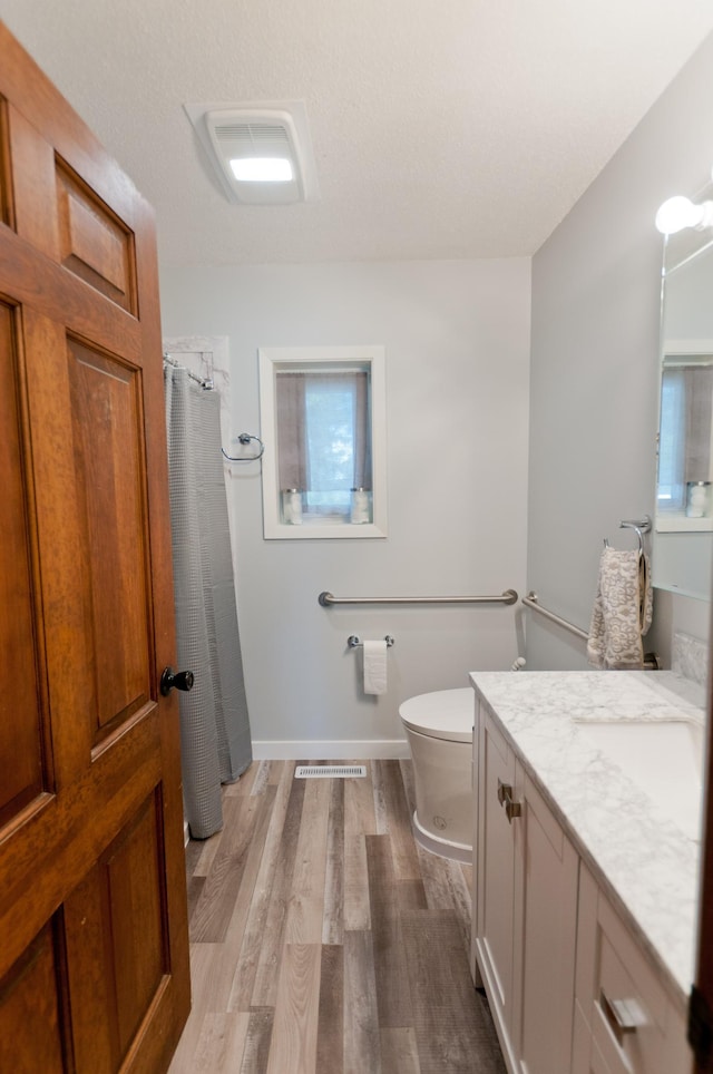 915 Knapp St, Rice Lake, WI 54868 - full bath with vanity, wood finished floors, toilet, baseboards, and curtained shower