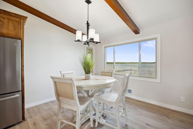 67854 217th St, Darwin, MN 55324 - dining room featuring a chandelier, light wood-style floors, a water view, and baseboards