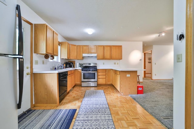 18917 Hartley Lake Rd, Brainerd, MN 56401 - kitchen featuring stainless steel appliances, under cabinet range hood, a peninsula, light countertops, and a sink