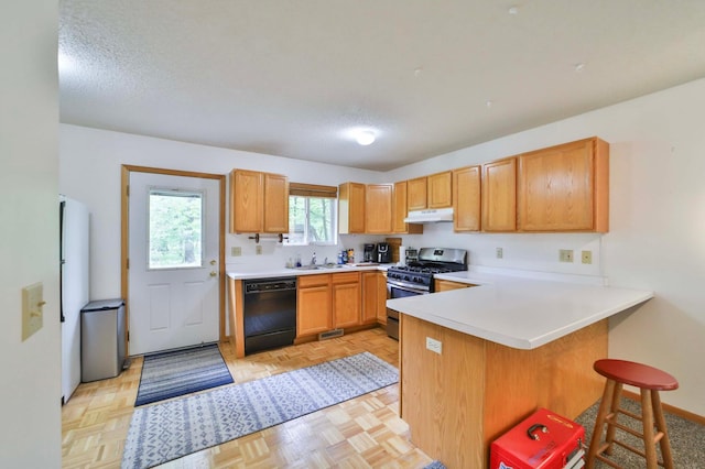 18917 Hartley Lake Rd, Brainerd, MN 56401 - kitchen with dishwasher, gas range, under cabinet range hood, a peninsula, and light countertops