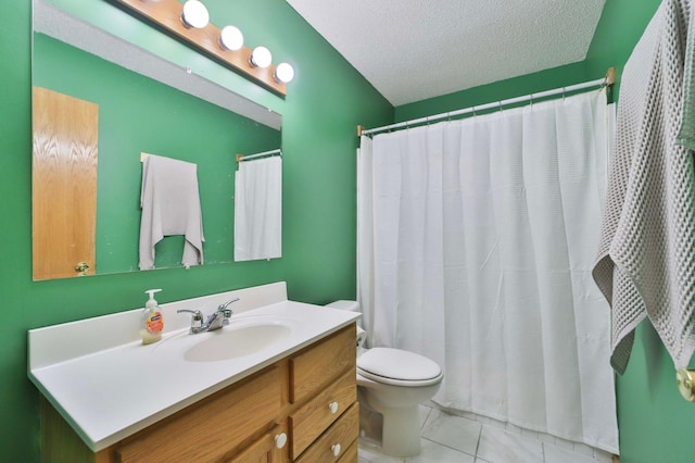 18917 Hartley Lake Rd, Brainerd, MN 56401 - full bath with toilet, vanity, a textured ceiling, tile patterned flooring, and curtained shower
