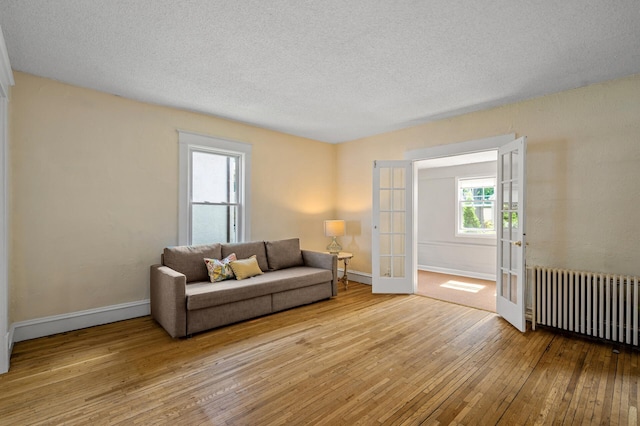 3545 Minnehaha Ave, Minneapolis, MN 55406 - living area with radiator heating unit, french doors, hardwood / wood-style floors, baseboards, and a textured ceiling