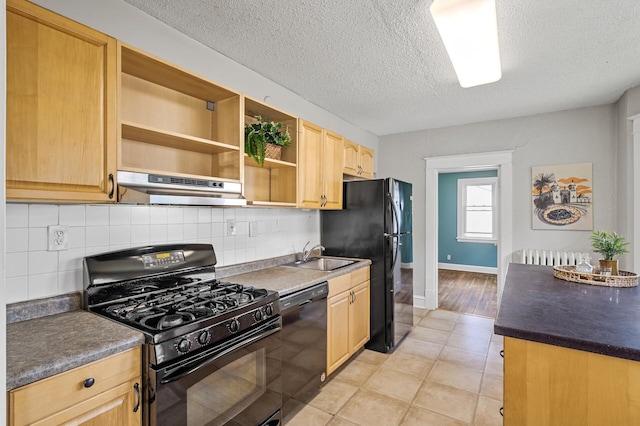 3545 Minnehaha Ave, Minneapolis, MN 55406 - kitchen featuring black appliances, under cabinet range hood, open shelves, a sink, and a textured ceiling