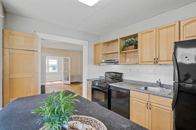 3545 Minnehaha Ave, Minneapolis, MN 55406 - kitchen with black appliances, radiator, light brown cabinets, a sink, and dark countertops