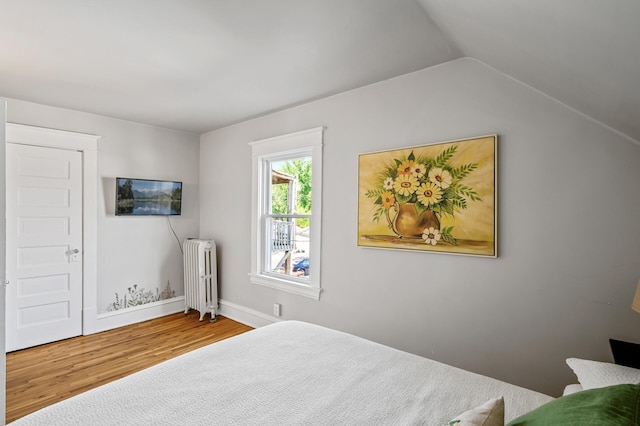 3545 Minnehaha Ave, Minneapolis, MN 55406 - bedroom featuring radiator, wood finished floors, lofted ceiling, and baseboards