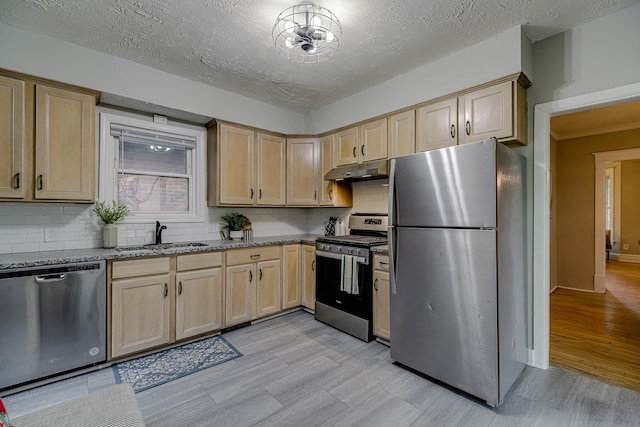 1066 Reaney Ave, Saint Paul, MN 55106 - kitchen with appliances with stainless steel finishes, a sink, under cabinet range hood, light brown cabinetry, and light stone countertops