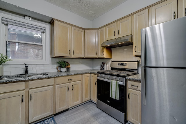 1066 Reaney Ave, Saint Paul, MN 55106 - kitchen with appliances with stainless steel finishes, under cabinet range hood, a sink, light brown cabinets, and a textured ceiling