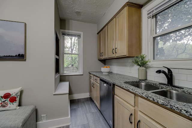 1066 Reaney Ave, Saint Paul, MN 55106 - kitchen featuring dishwasher, a sink, baseboards, decorative backsplash, and dark stone counters