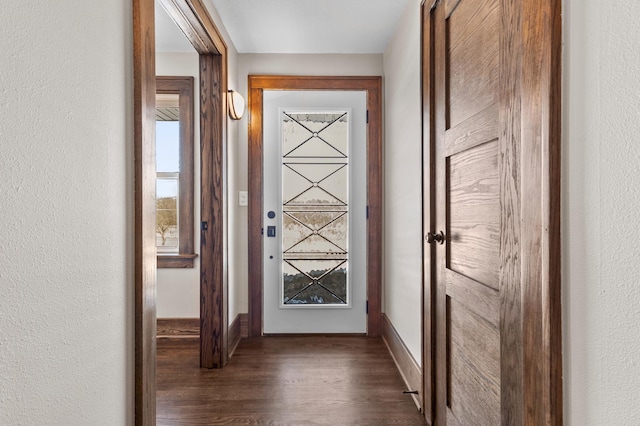 781 7th St, Red Wing, MN 55066 - doorway with dark wood-style floors, baseboards, and a textured wall