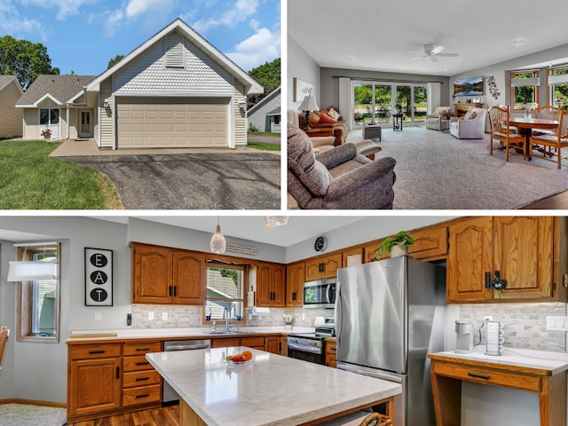 310 Park Ave S, Saint Cloud, MN 56301 - kitchen featuring appliances with stainless steel finishes, brown cabinets, a sink, a kitchen island, and decorative backsplash