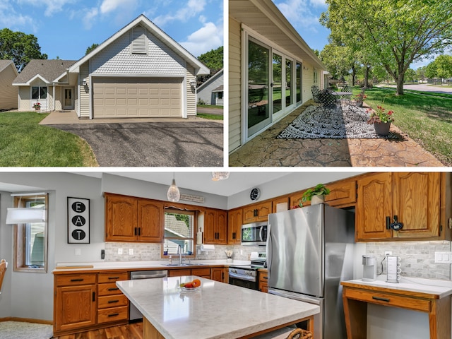 310 Park Ave S, Saint Cloud, MN 56301 - kitchen featuring appliances with stainless steel finishes, light countertops, brown cabinets, a sink, and a kitchen island