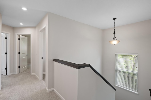 7602 Connie Ln, Inver Grove Heights, MN 55076 - hall with an upstairs landing, light colored carpet, baseboards, and recessed lighting
