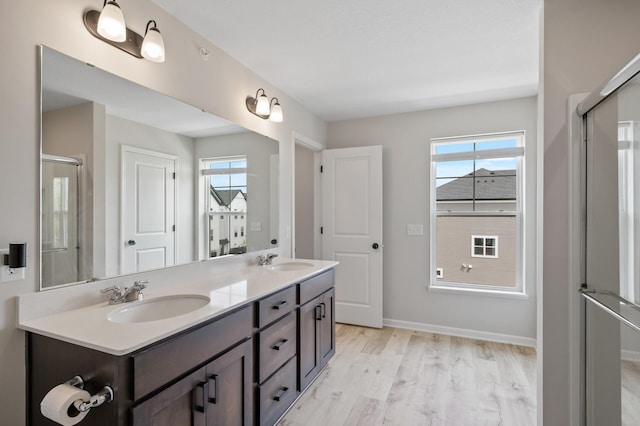 7602 Connie Ln, Inver Grove Heights, MN 55076 - bathroom featuring wood finished floors, double vanity, healthy amount of natural light, and a shower with door