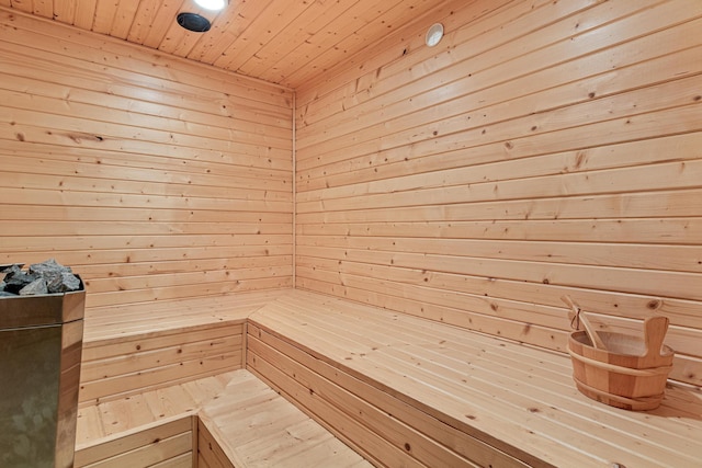 338 Aurora Ave, Saint Paul, MN 55103 - sauna featuring wood ceiling and wooden walls