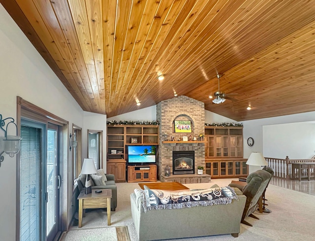 16 Pheasant Dr, Mason Twp, MN 56172 - carpeted living room with vaulted ceiling, a fireplace, a ceiling fan, and wooden ceiling