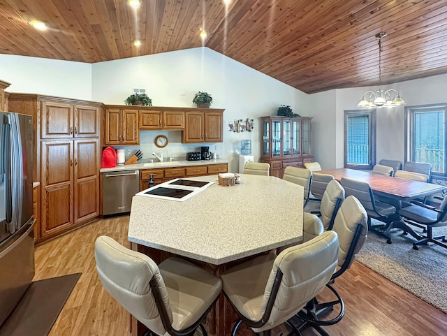 16 Pheasant Dr, Mason Twp, MN 56172 - kitchen with stainless steel appliances, lofted ceiling, a breakfast bar area, light countertops, and brown cabinetry