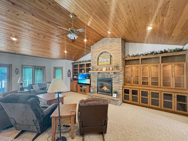 16 Pheasant Dr, Mason Twp, MN 56172 - carpeted living room featuring wooden ceiling, lofted ceiling, a fireplace, ceiling fan, and recessed lighting
