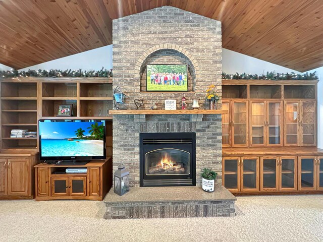 16 Pheasant Dr, Mason Twp, MN 56172 - living room with vaulted ceiling, carpet flooring, wooden ceiling, and a brick fireplace