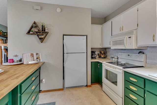 215 Main St E, Freeport, MN 56331 - kitchen with white appliances, backsplash, white cabinetry, green cabinets, and wooden counters
