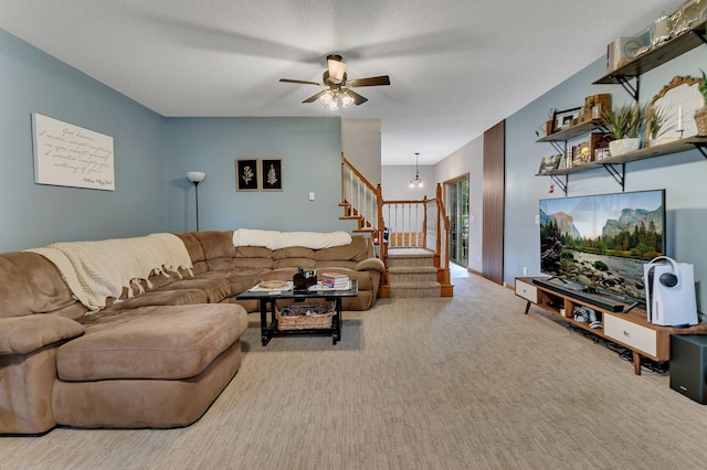 215 Main St E, Freeport, MN 56331 - living area featuring stairs, ceiling fan, and carpet flooring