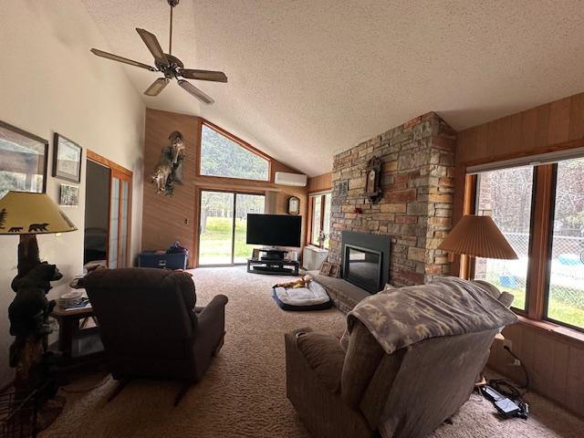 6563 Sandy Ln, Biwabik Twp, MN 55741 - carpeted living area featuring a textured ceiling, lofted ceiling, a wall unit AC, wood walls, and plenty of natural light