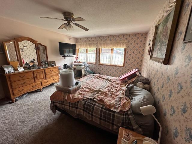 6563 Sandy Ln, Biwabik Twp, MN 55741 - carpeted bedroom featuring ceiling fan and wallpapered walls