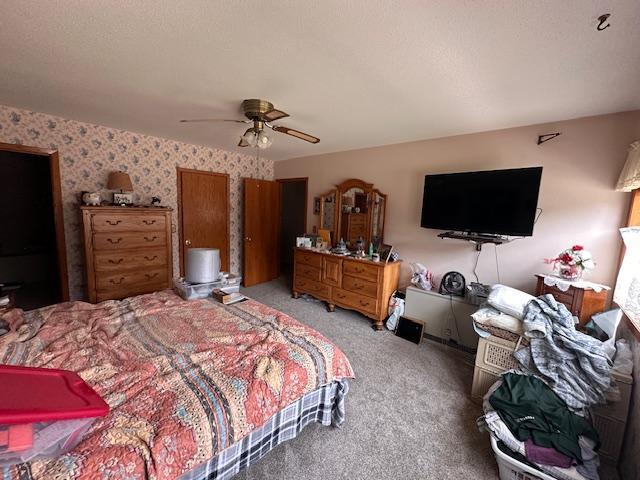 6563 Sandy Ln, Biwabik Twp, MN 55741 - bedroom featuring carpet, ceiling fan, and wallpapered walls