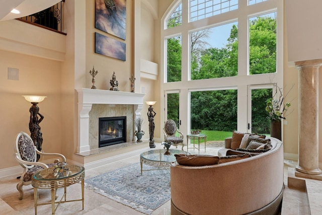 1910 Shoreline Dr, Orono, MN 55391 - living room with a high ceiling and a high end fireplace