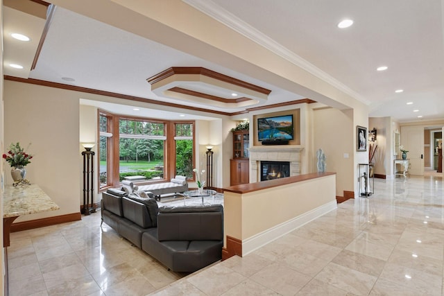 1910 Shoreline Dr, Orono, MN 55391 - living room featuring crown molding, a fireplace, and recessed lighting