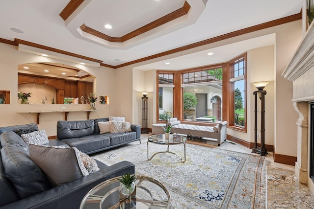 1910 Shoreline Dr, Orono, MN 55391 - living area featuring ornamental molding, recessed lighting, and a fireplace
