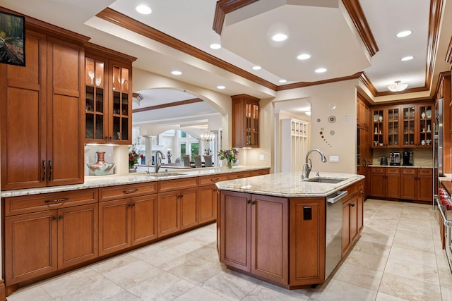 1910 Shoreline Dr, Orono, MN 55391 - kitchen with ornamental molding, brown cabinetry, dishwasher, a tray ceiling, and a center island with sink