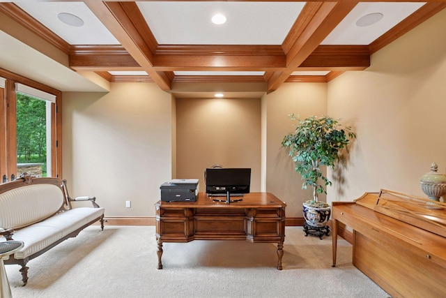 1910 Shoreline Dr, Orono, MN 55391 - office space featuring crown molding, coffered ceiling, carpet floors, beam ceiling, and recessed lighting