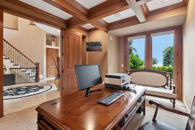 1910 Shoreline Dr, Orono, MN 55391 - carpeted home office featuring coffered ceiling, beam ceiling, and ornamental molding